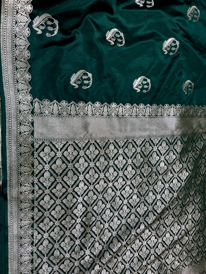 Deep Green Banarasi Semi Mashru Silk Saree with Zari Butta and Border