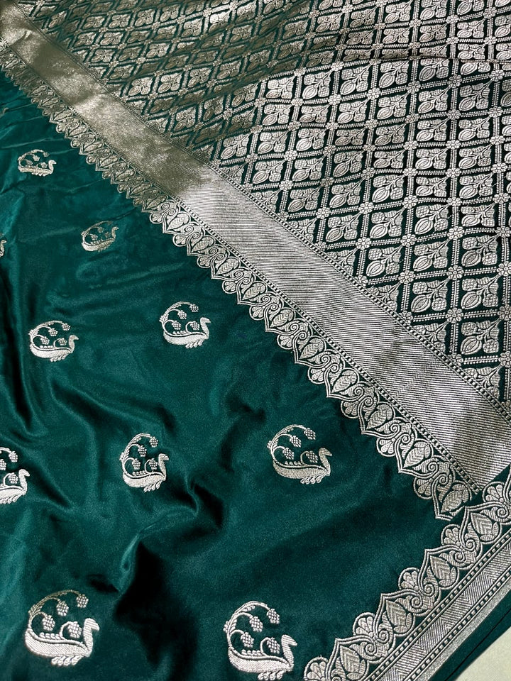 Deep Green Banarasi Semi Mashru Silk Saree with Zari Butta and Border