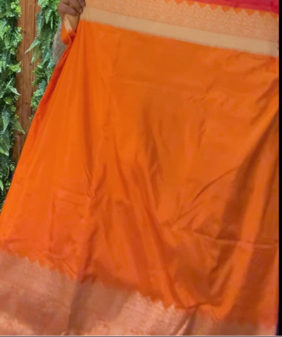 Orange Banarasi Pure Silk Saree with Intricate Rose Jaal Zari Border | SILK MARK CERTIFIED