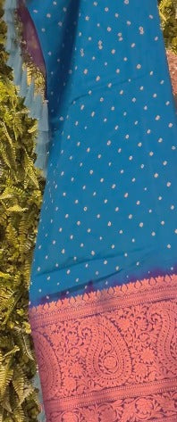 Bright Blue Kanjivaram Saree with Hand Bandhni | SILK MARK CERTIFIED