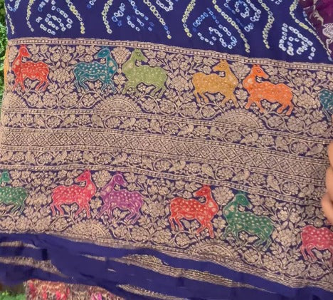 Sarkam Bandhej Silk Georgette Saree in Sapphire Blue with Meenakari Skirt Border | SILK MARK CERTIFIED
