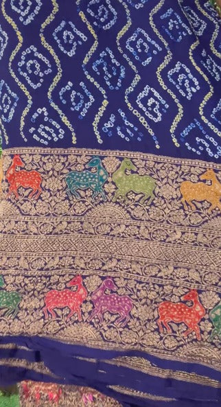 Sarkam Bandhej Silk Georgette Saree in Sapphire Blue with Meenakari Skirt Border | SILK MARK CERTIFIED