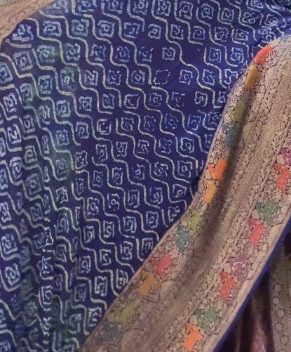 Sarkam Bandhej Silk Georgette Saree in Sapphire Blue with Meenakari Skirt Border | SILK MARK CERTIFIED