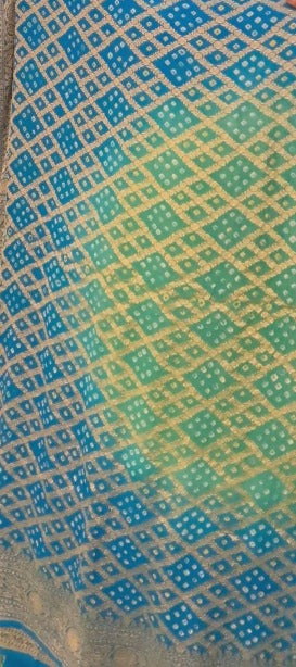Authentic Hand Bandhej Banarasi Silk Georgette Saree in Green and Blue with Ombre Geometric Diamond pattern | SILK MARK CERTIFIED