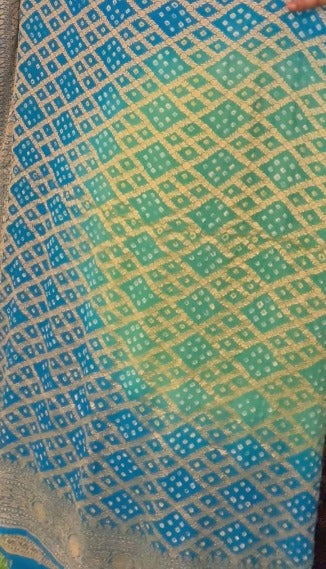 Authentic Hand Bandhej Banarasi Silk Georgette Saree in Green and Blue with Ombre Geometric Diamond pattern | SILK MARK CERTIFIED
