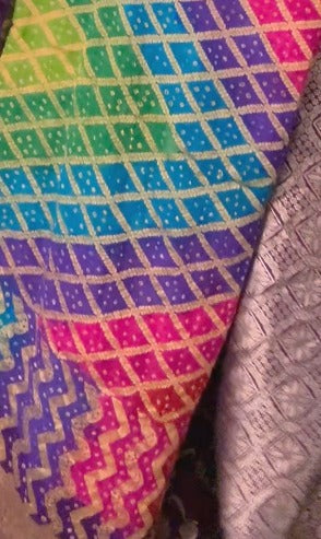 Authentic Rainbow Hand Bandhej Banarasi Jaal Silk Georgette Saree with Blue Pallu Zari Border | SILK MARK CERTIFIED