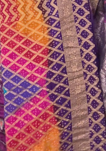 Authentic Rainbow Hand Bandhej Banarasi Jaal Silk Georgette Saree with Blue Pallu Zari Border | SILK MARK CERTIFIED