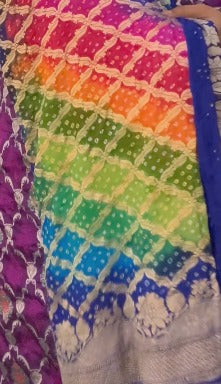Authentic Rainbow Hand Bandhej Banarasi Jaal Silk Georgette Saree with Purple Zari Border | SILK MARK CERTIFIED