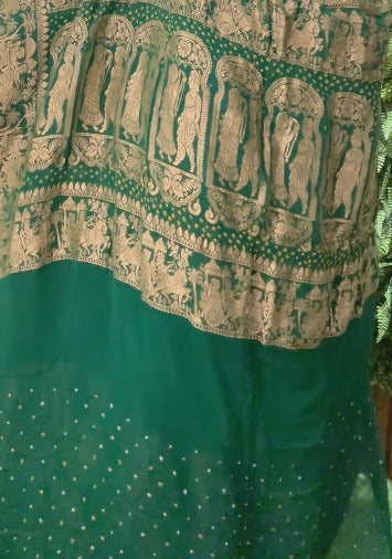 Green gharchola design elephant motifs georgette bhandini saree with Procession Border | SILK MARK CERTIFIED