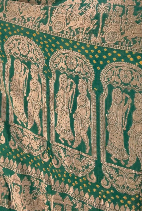 Green gharchola design elephant motifs georgette bhandini saree with Procession Border | SILK MARK CERTIFIED