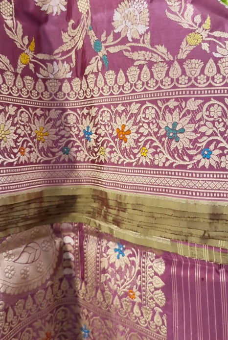 Mauve Pure Banarasi Jungla Silk Saree with Khaduwa Floral Meenakari Jaal and Zari Border | SILK MARK CERTIFIED