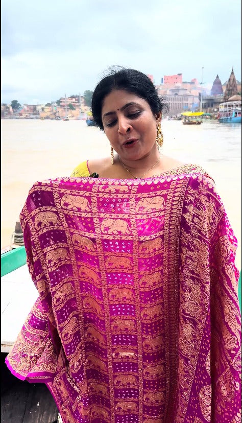 Magenta gharchola design elephant motifs georgette bhandini saree | SILK MARK CERTIFIED