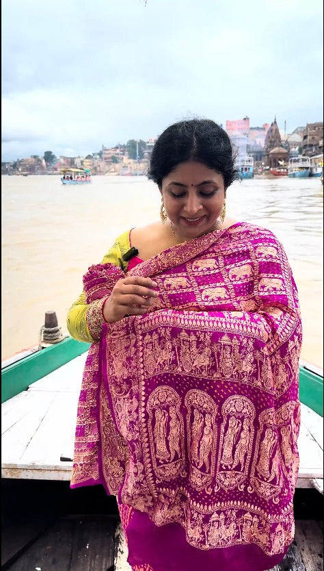 Magenta gharchola design elephant motifs georgette bhandini saree | SILK MARK CERTIFIED