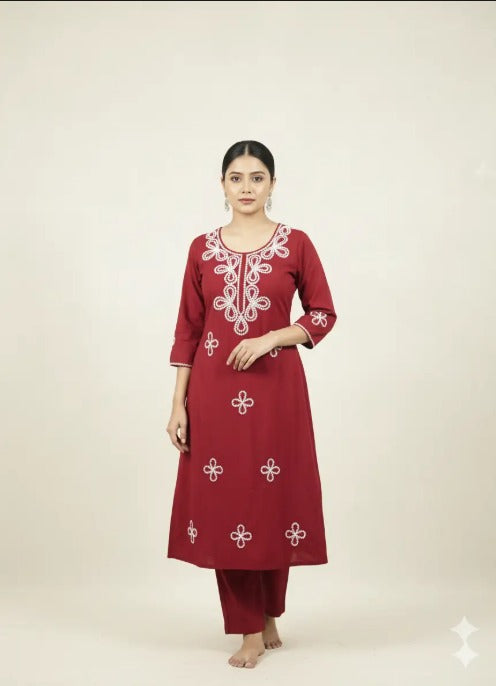 Maroon Cotton Applique Neck Kurti Set | Made to Order