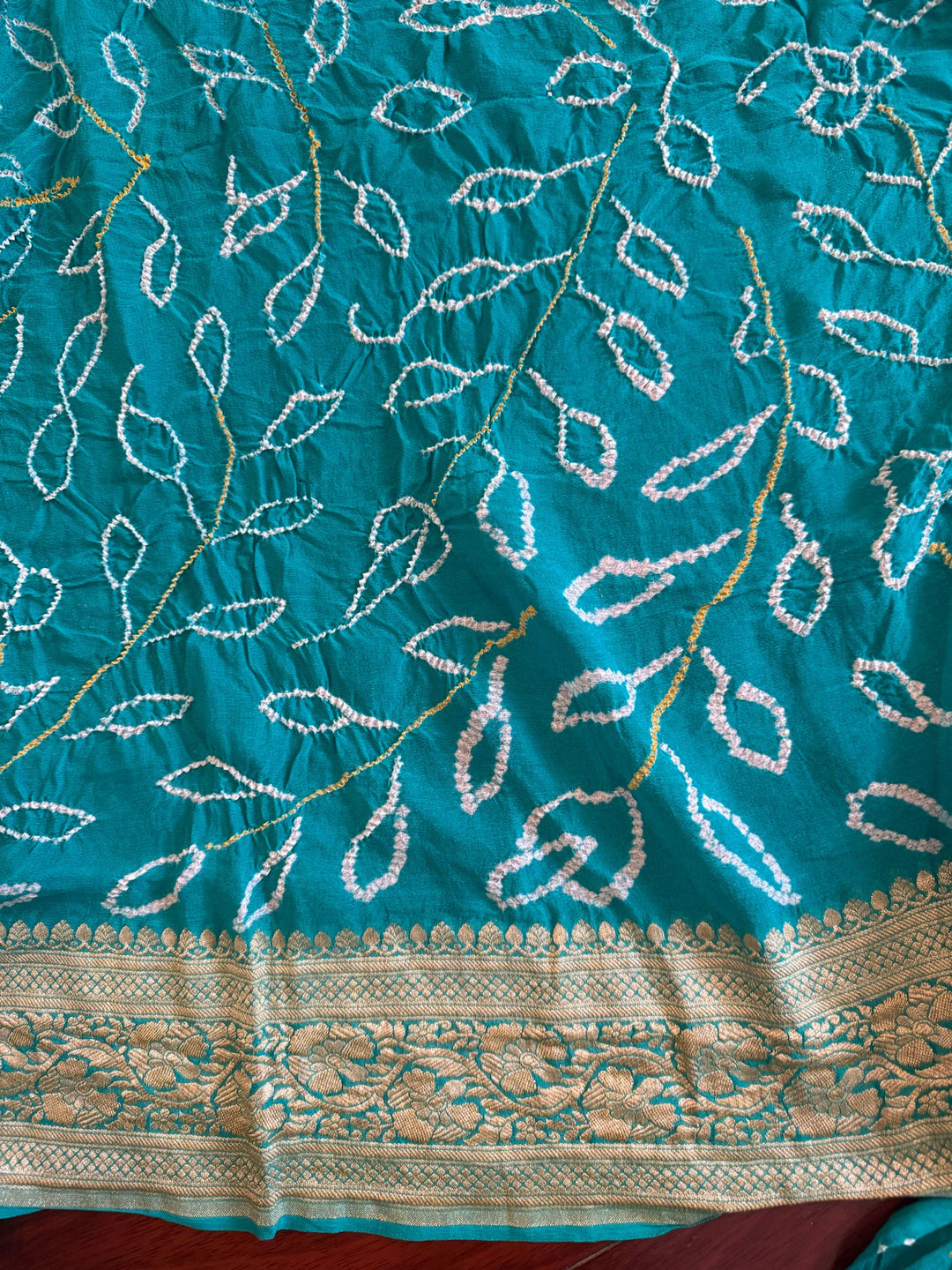 Teal Blue Sarkam Bandhej on Pure Banarasi Silk Georgette Saree with Tree of Life Pattern and  Border | SILK MARK CERTIFIED
