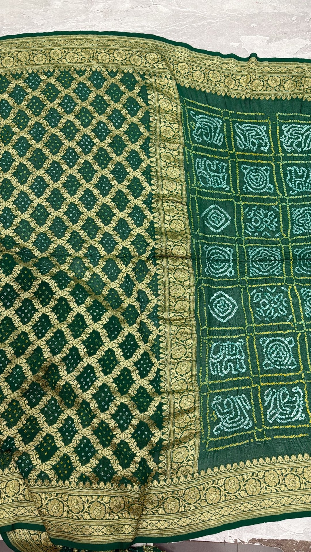 Green Sarkam Bandhej on Pure Banarasi Silk Georgette Saree with Half Gharchola and Half Jaal Design | SILK MARK CERTIFIED