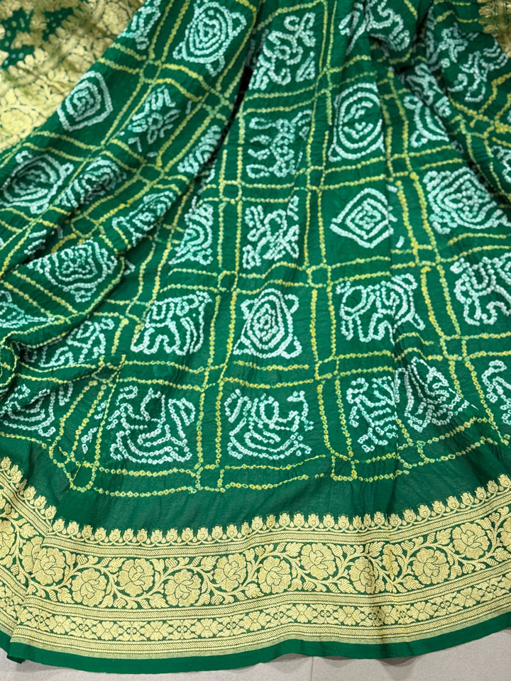Green Sarkam Bandhej on Pure Banarasi Silk Georgette Saree with Half Gharchola and Half Jaal Design | SILK MARK CERTIFIED