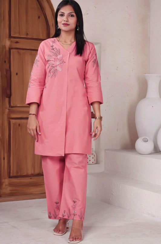 Embroidered Pure Cotton V-Neck Tunic With Trousers | Made to Order
