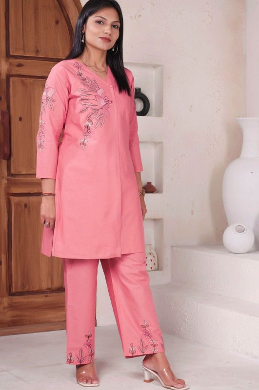 Embroidered Pure Cotton V-Neck Tunic With Trousers | Made to Order