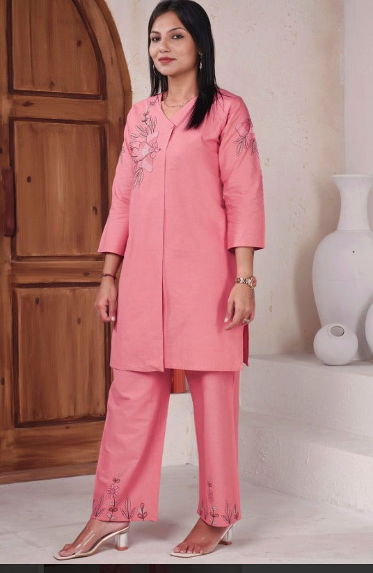 Embroidered Pure Cotton V-Neck Tunic With Trousers | Made to Order