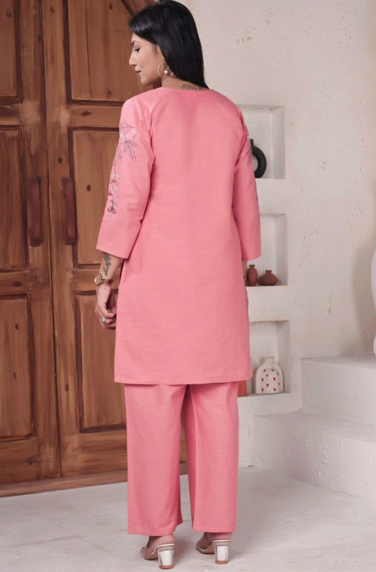 Embroidered Pure Cotton V-Neck Tunic With Trousers | Made to Order