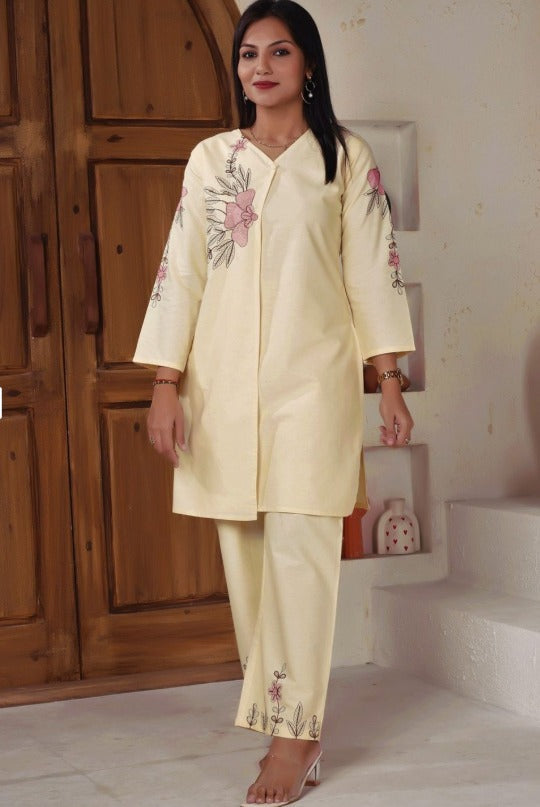 Embroidered Pure Cotton V-Neck Tunic With Palazzos | Made to Order