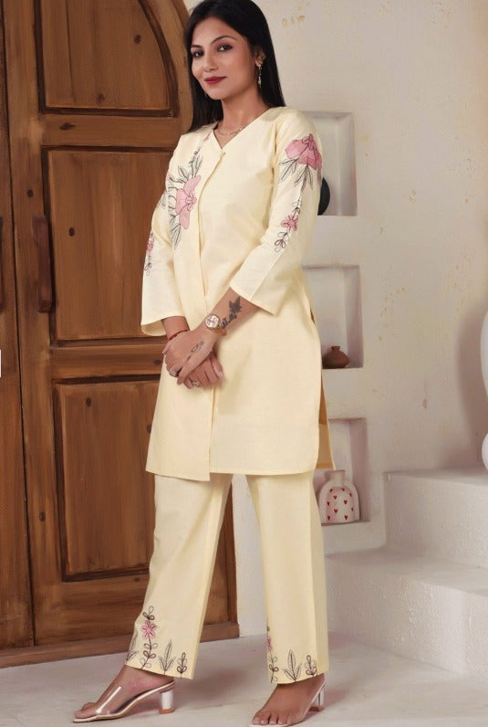 Embroidered Pure Cotton V-Neck Tunic With Palazzos | Made to Order