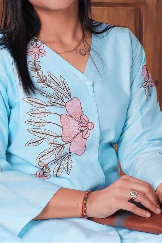 Embroidered Pure Cotton V-Neck Tunic With Trousers | Made to Order