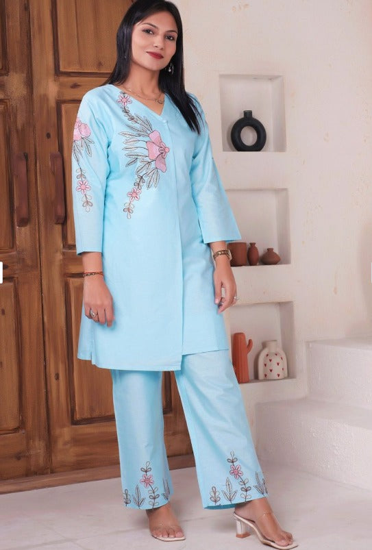Embroidered Pure Cotton V-Neck Tunic With Trousers | Made to Order