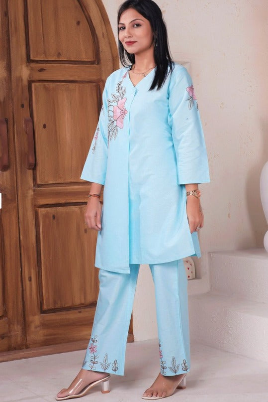 Embroidered Pure Cotton V-Neck Tunic With Trousers | Made to Order