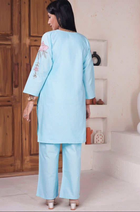 Embroidered Pure Cotton V-Neck Tunic With Trousers | Made to Order