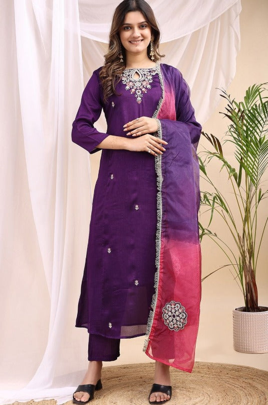 Women Floral Printed Embroidered Kurta with Trousers & With Dupatta | Made to Order