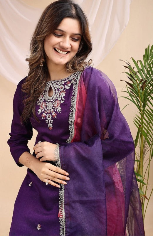 Women Floral Printed Embroidered Kurta with Trousers & With Dupatta | Made to Order