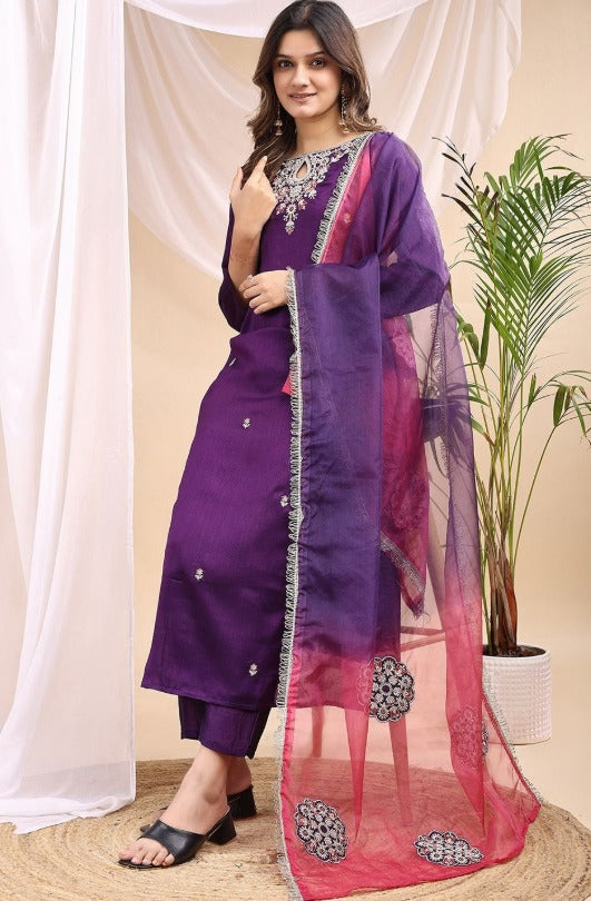 Women Floral Printed Embroidered Kurta with Trousers & With Dupatta | Made to Order