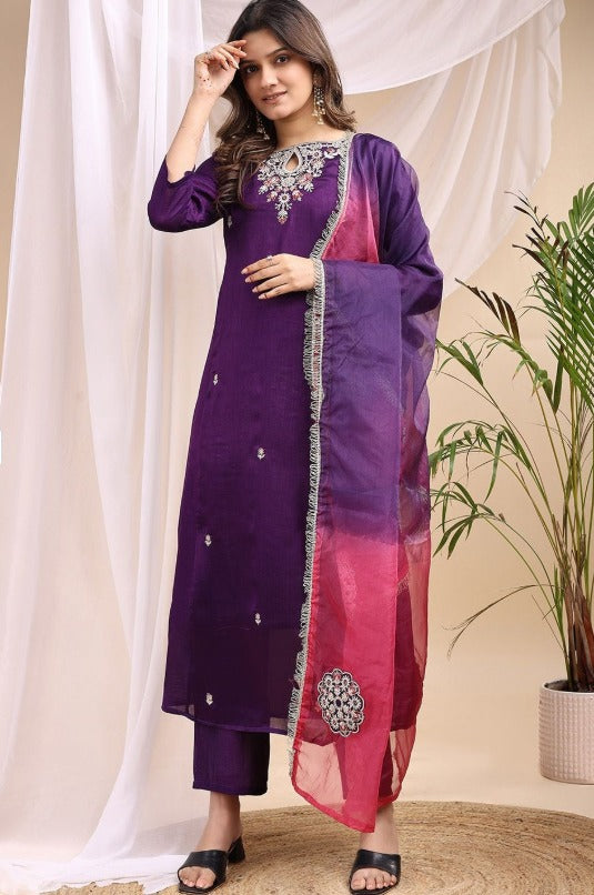 Women Floral Printed Embroidered Kurta with Trousers & With Dupatta | Made to Order