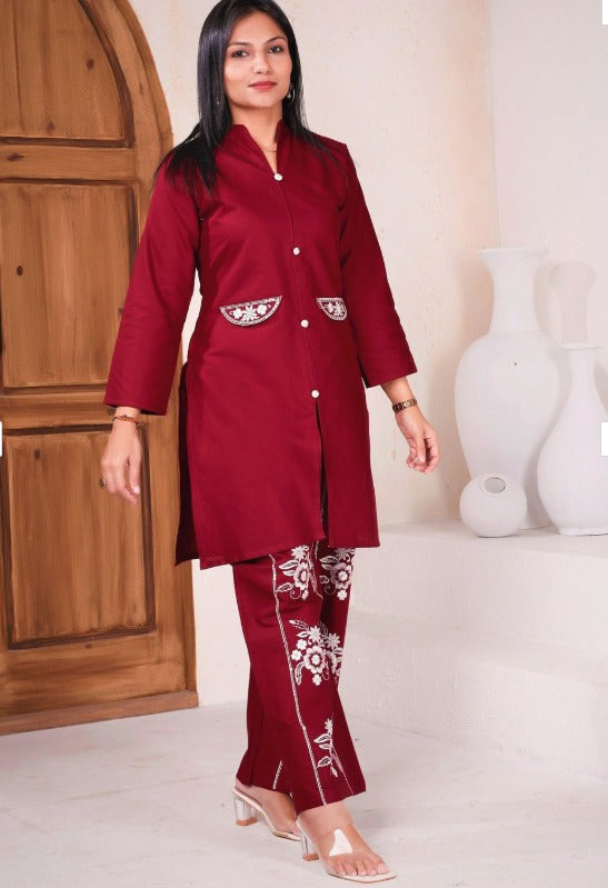 Embroidered Pure Cotton Mandarin-Neck Tunic With Trousers| Made to Order