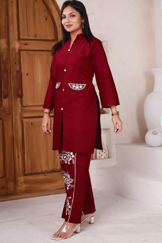 Embroidered Pure Cotton Mandarin-Neck Tunic With Trousers| Made to Order