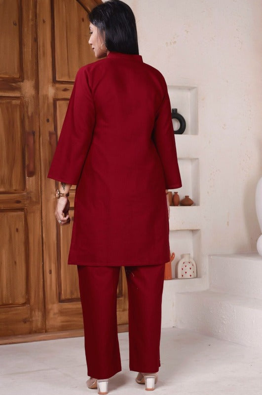 Embroidered Pure Cotton Mandarin-Neck Tunic With Trousers| Made to Order