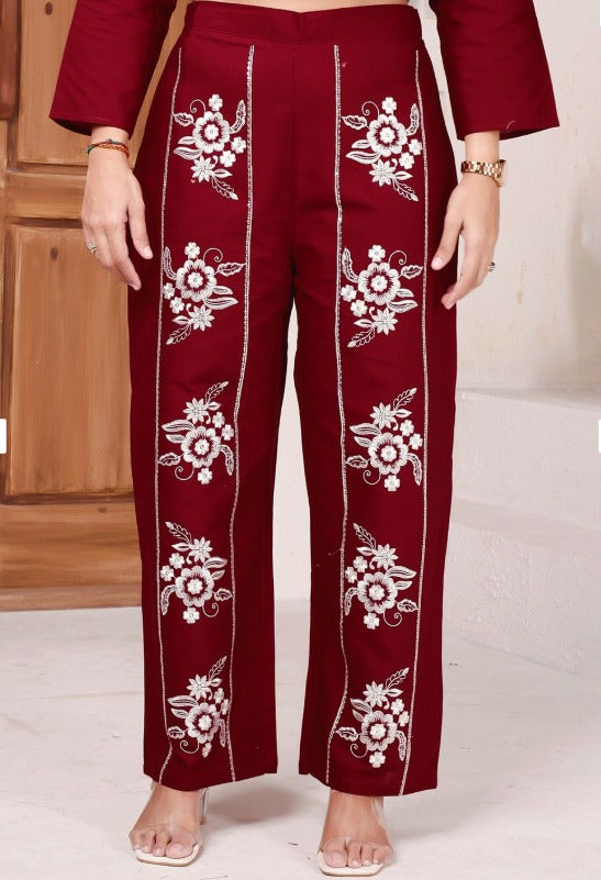 Embroidered Pure Cotton Mandarin-Neck Tunic With Trousers| Made to Order