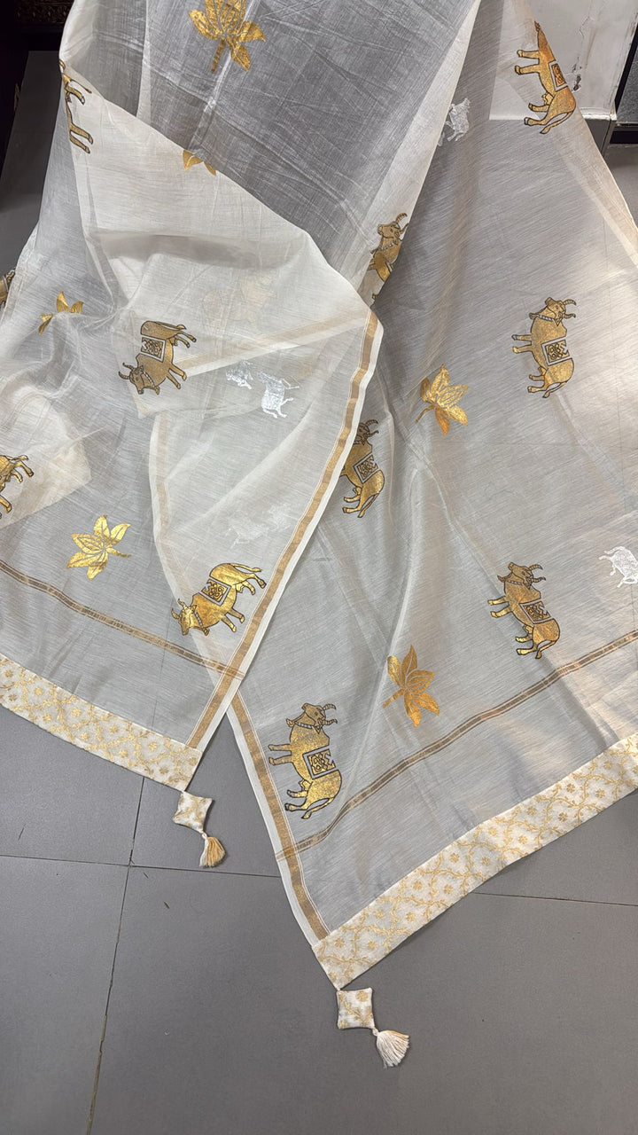 Ivory Chanderi Silk Cotton Dupatta with Sona Rupa Pichwai Foil Print and Banarasi Brocade Border