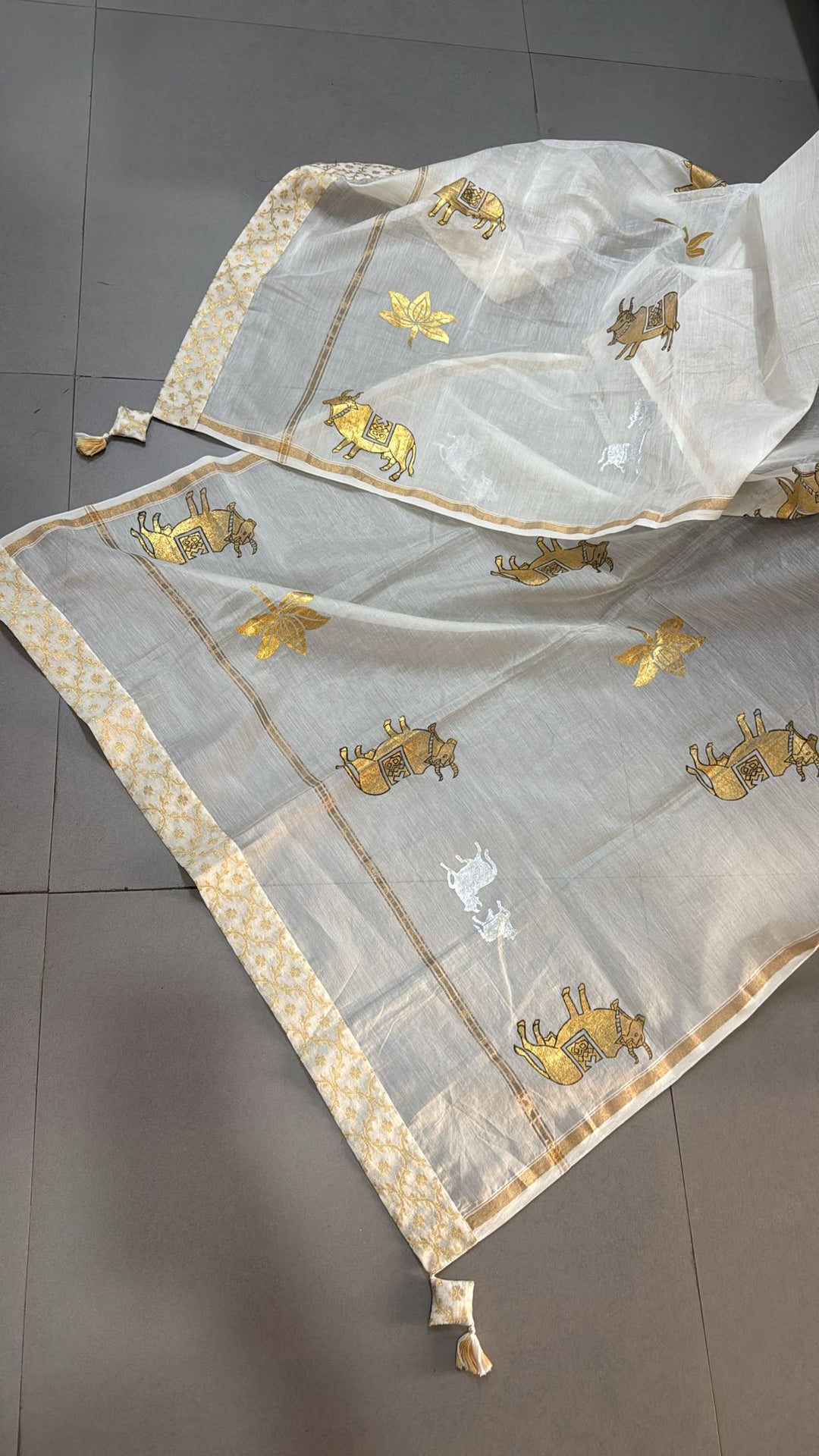 Ivory Chanderi Silk Cotton Dupatta with Sona Rupa Pichwai Foil Print and Banarasi Brocade Border
