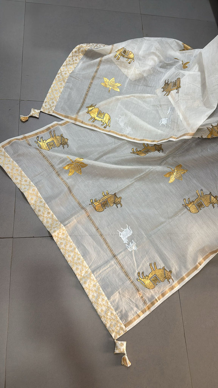Ivory Chanderi Silk Cotton Dupatta with Sona Rupa Pichwai Foil Print and Banarasi Brocade Border