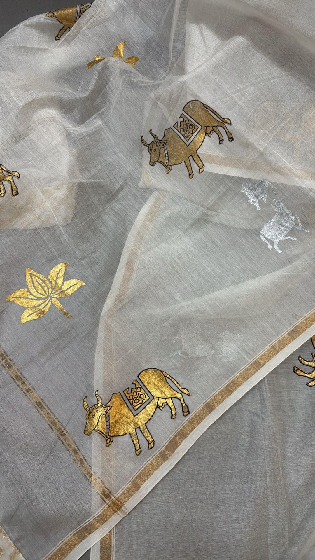 Ivory Chanderi Silk Cotton Dupatta with Sona Rupa Pichwai Foil Print and Banarasi Brocade Border
