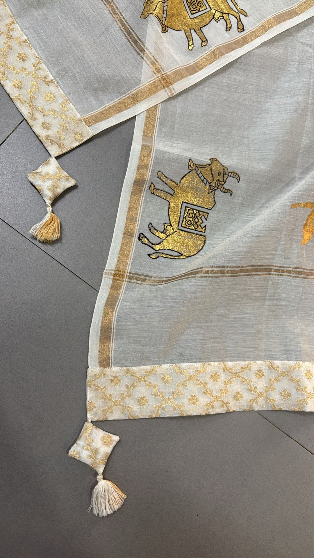 Ivory Chanderi Silk Cotton Dupatta with Sona Rupa Pichwai Foil Print and Banarasi Brocade Border