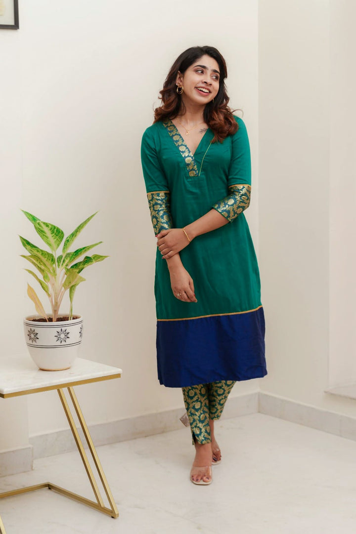 Green & Blue Brocade Kurti and Bottom 2-Piece Set | Made to Order