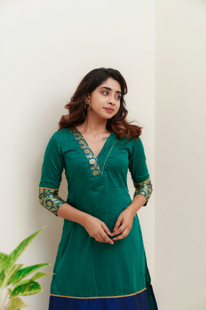 Green & Blue Brocade Kurti and Bottom 2-Piece Set | Made to Order