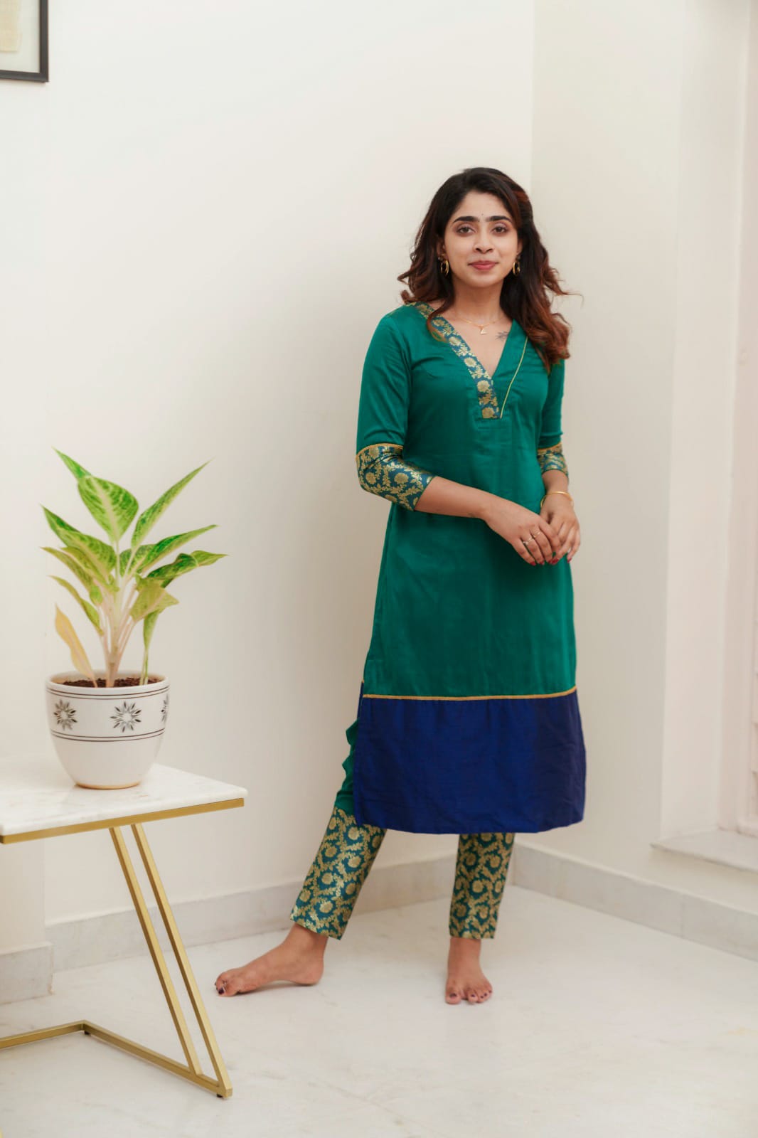 Green & Blue Brocade Kurti and Bottom 2-Piece Set | Made to Order