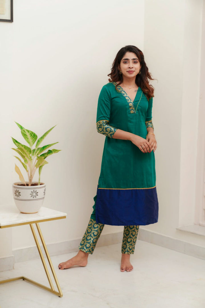 Green & Blue Brocade Kurti and Bottom 2-Piece Set | Made to Order
