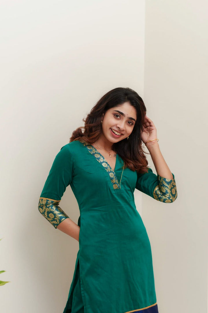 Green & Blue Brocade Kurti and Bottom 2-Piece Set | Made to Order