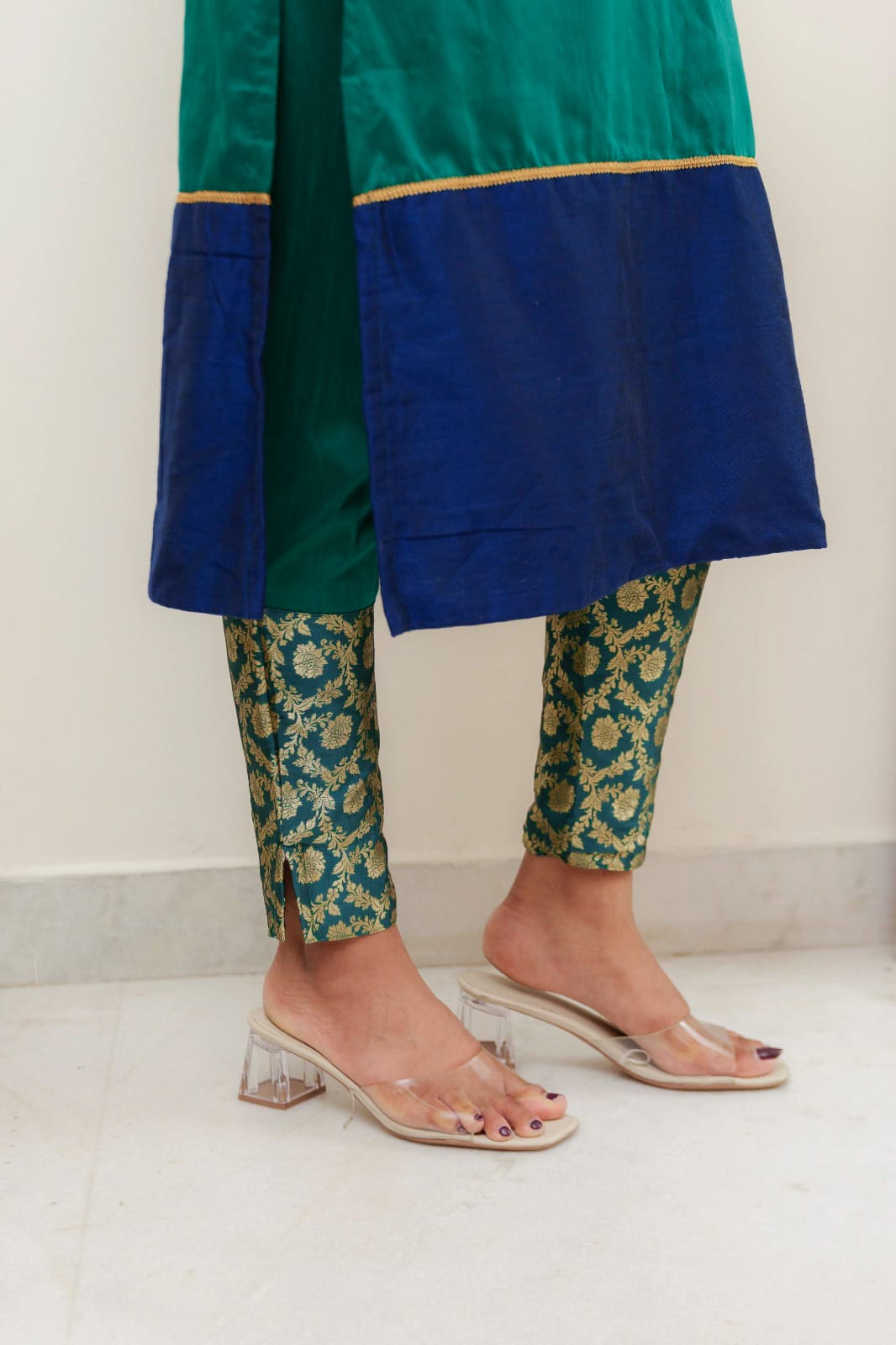 Green & Blue Brocade Kurti and Bottom 2-Piece Set | Made to Order